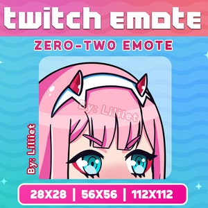 Könnte beinhalten: Ein digitales Twitch-Emote mit einem Anime-Charakter mit rosa Haaren, türkisfarbenen Augen und einem weißen Stirnband mit roten Details. Der Text "ZERO-TWO EMOTE" steht über dem Charakter. Das Bild enthält Größenangaben: 28x28, 56x56 und 112x112 Pixel.