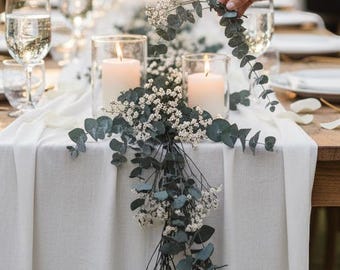 Eucalyptus Garland Wedding Table Runner | Silver Dollar Greenery Table Decor | Baby’s Breath Centerpiece | Bridal Table Styling