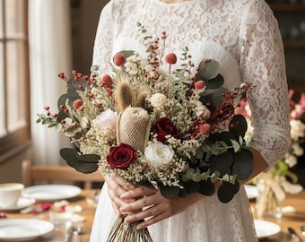 Burgundy Boho Bridal Bouquet, Moody Dried Flower Wedding Flowers, Preserved Roses Rustic Keepsake