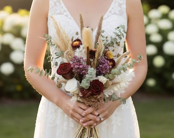 Burgundy Dried Flower Wedding Bouquet: Boho Eucalyptus Hydrangeas