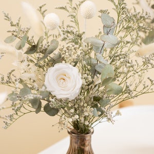 dried eucalyptus bouquet, preserved white roses, bunny tails, table centrepieces, vase filler, vintage glass gar, wedding decor, Christmas image 5