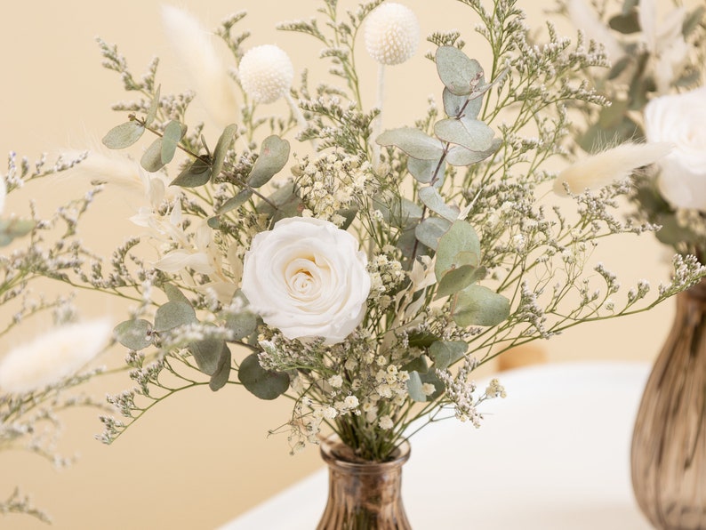 dried eucalyptus bouquet, preserved white roses, bunny tails, table centrepieces, vase filler, vintage glass gar, wedding decor, Christmas image 5