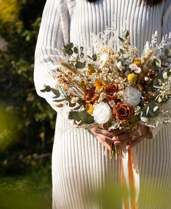 Ranunculus Dried Bridal bouquet / Eucalyptus Dry Flower Wedding, Rusti
