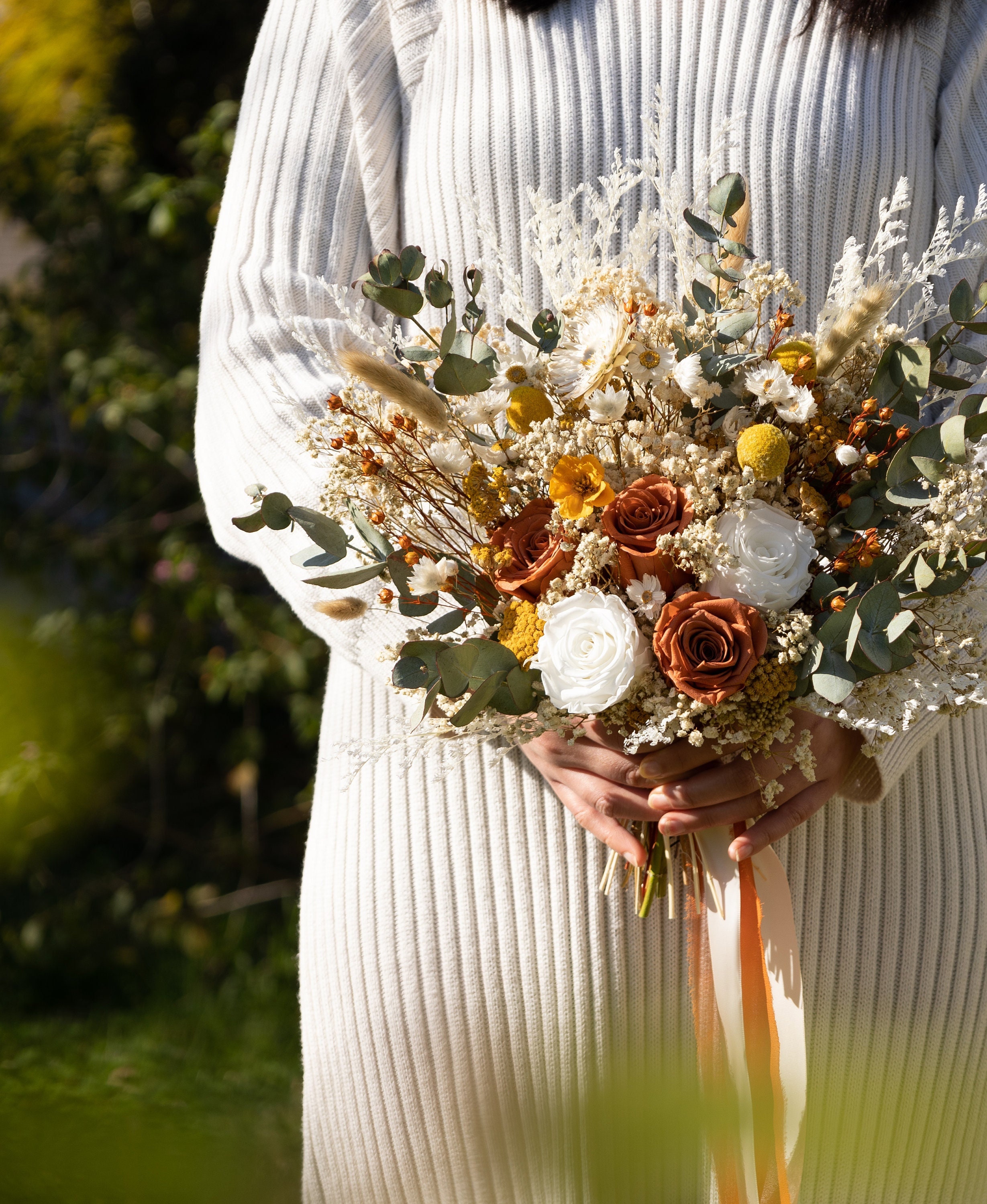Wildflower fall wedding bouquet, dried white cream baby's breath eucalyptus bouquet, dried daisy, rustic wedding bouquet.