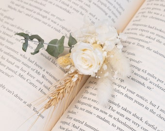 white preserved rose and dried eucalyptus boutonnieres, dried flower buttonhole, hydrangea, bunny tails, wedding flowers, boho wedding
