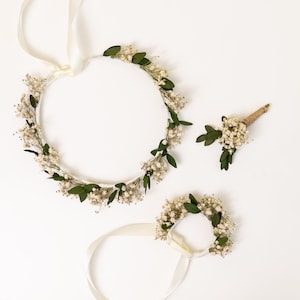 Dried Baby's Breath Wedding Bouquet Set: Flower Crown, Corsage, Boutonniere