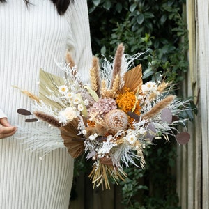 Neutral Dried Flower Wedding Bouquet: Boho Palm & Eucalyptus