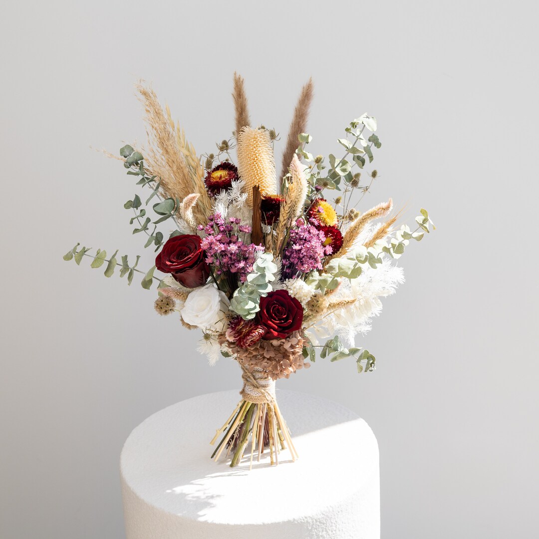 Burgundy & White Earthy Tone Dried Flower Wedding Bouquet, Preserved