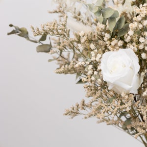 dried eucalyptus bouquet, preserved white roses, bunny tails, table centrepieces, vase filler, vintage glass gar, wedding decor, Christmas image 3