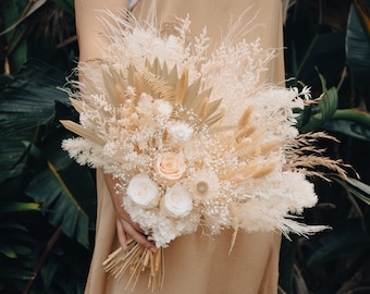 neutral and blush colour tone palm spear dried daisy grass small bouquet, white hydrangea home decor, gift for her