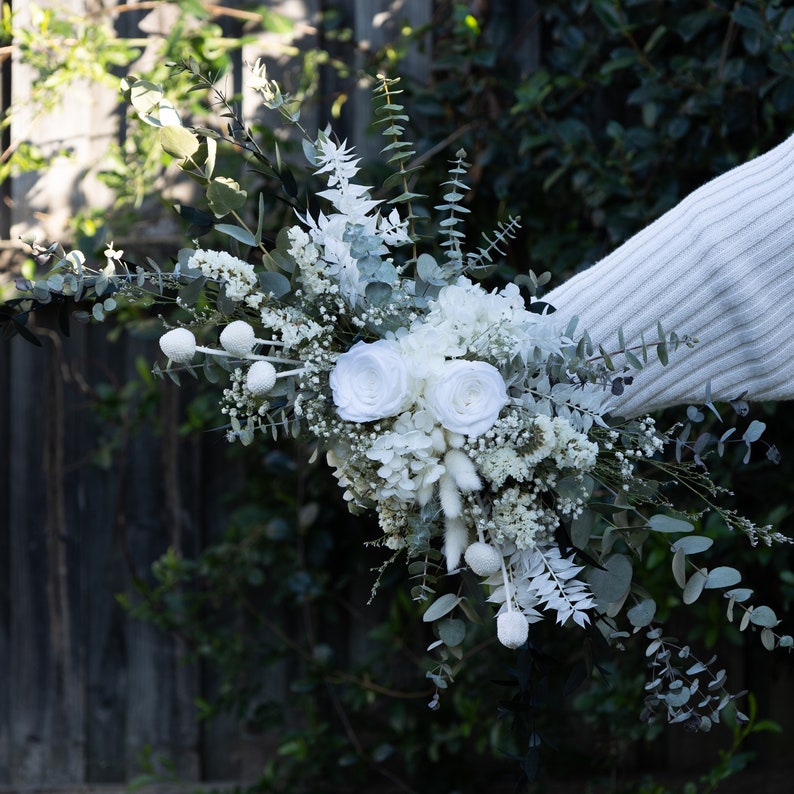 dried eucalyptus bouquet, preserved white roses, bunny tails, table centrepieces, vase filler, vintage glass gar, wedding decor, Christmas image 9