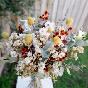 Wildflower Dried Wedding Bouquet – Boho Autumn Bridal Flowers, Preserved Fall Florals, billy buttons, dried eucalyptus, dried daisy bouquet