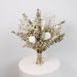 dried eucalyptus bouquet, preserved white roses, bunny tails, table centrepieces, vase filler, vintage glass gar, wedding decor, Christmas image 1