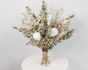 dried eucalyptus bouquet, preserved white roses, bunny tails, table centrepieces, vase filler, vintage glass gar, wedding decor, Christmas