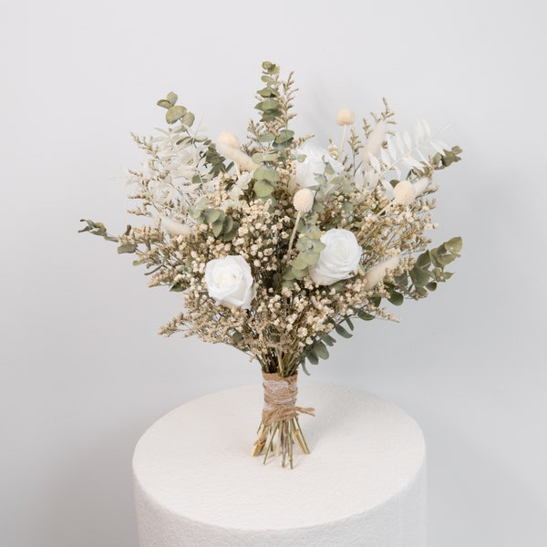 dried eucalyptus bouquet, preserved white roses, bunny tails, table centrepieces, vase filler, vintage glass gar, wedding decor, Christmas