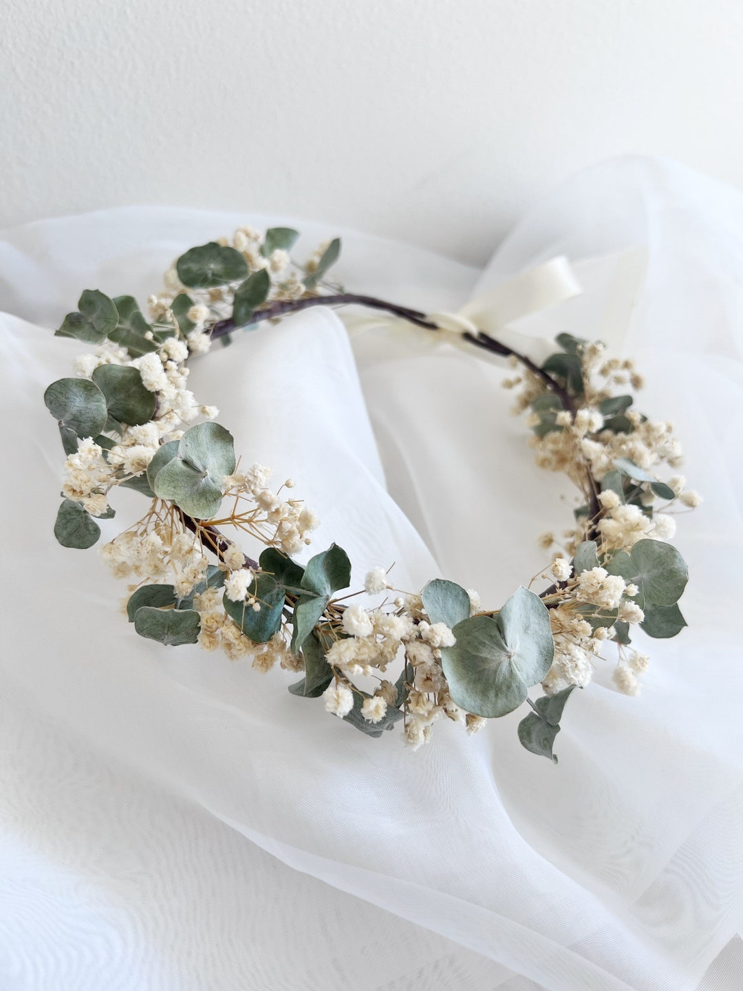 Dried Eucalyptus and Baby's Breath Flower Crown, Rustic Wedding Floral