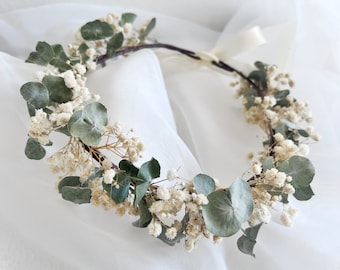 Dried eucalyptus and baby's breath flower crown, rustic wedding floral, kids flower crown, wedding flowers, photography flower