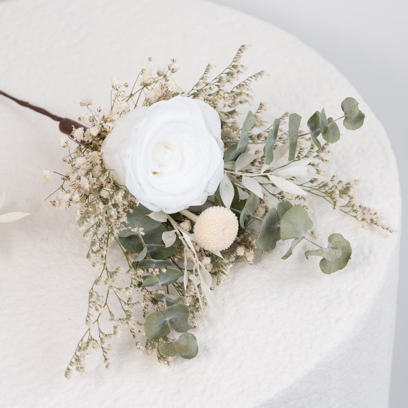 dried eucalyptus bouquet, preserved white roses, bunny tails, table centrepieces, vase filler, vintage glass gar, wedding decor, Christmas image 7