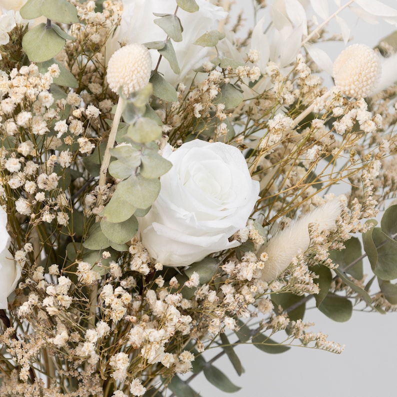 dried eucalyptus bouquet, preserved white roses, bunny tails, table centrepieces, vase filler, vintage glass gar, wedding decor, Christmas image 2