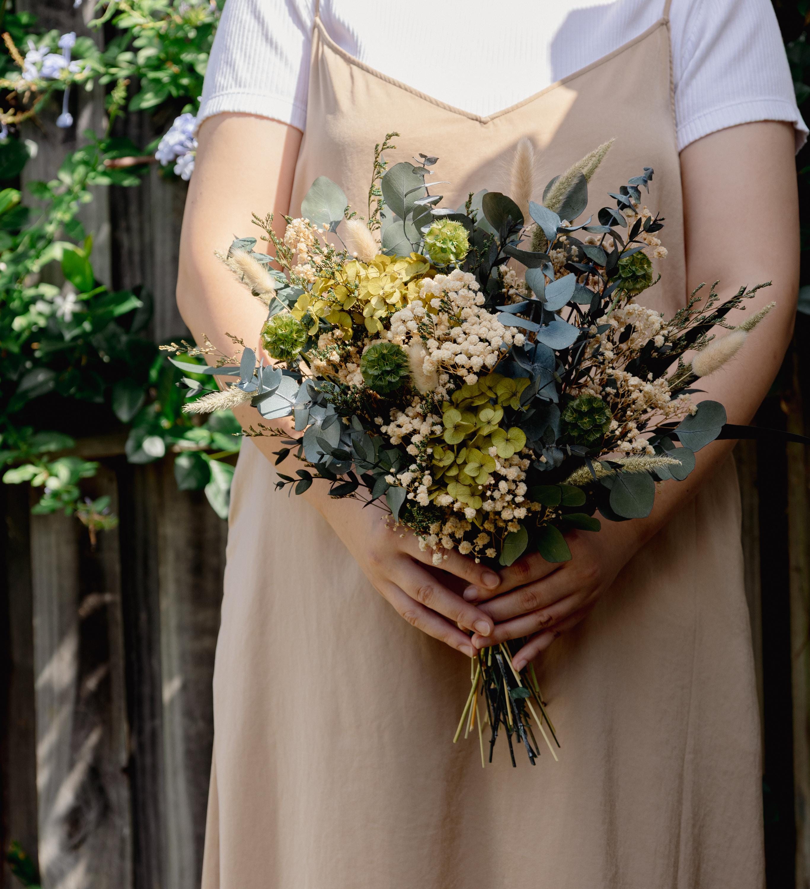 Green eucalyptus wedding bouquet, bride flowers, dried flower bouquet, baby's breath, garden wedding, gift for her, home decor.
