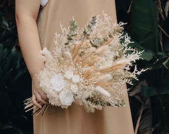 white preserved rose and Eucalyptus greenery flower bouquet, dried flower home decor, everlasting blooms gift for her