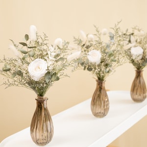 dried eucalyptus bouquet, preserved white roses, bunny tails, table centrepieces, vase filler, vintage glass gar, wedding decor, Christmas image 4