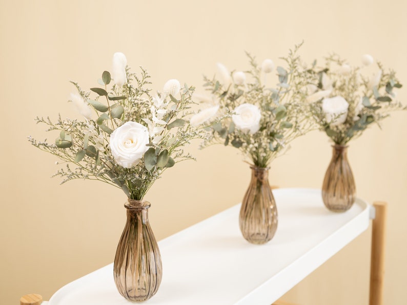 dried eucalyptus bouquet, preserved white roses, bunny tails, table centrepieces, vase filler, vintage glass gar, wedding decor, Christmas image 4