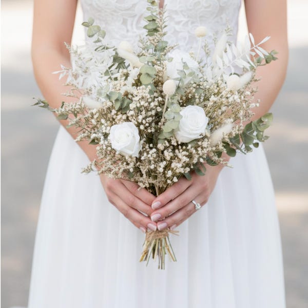 Dried Eucalyptus + Preserved Roses Bouquet — Boho Wedding & Centrepiece