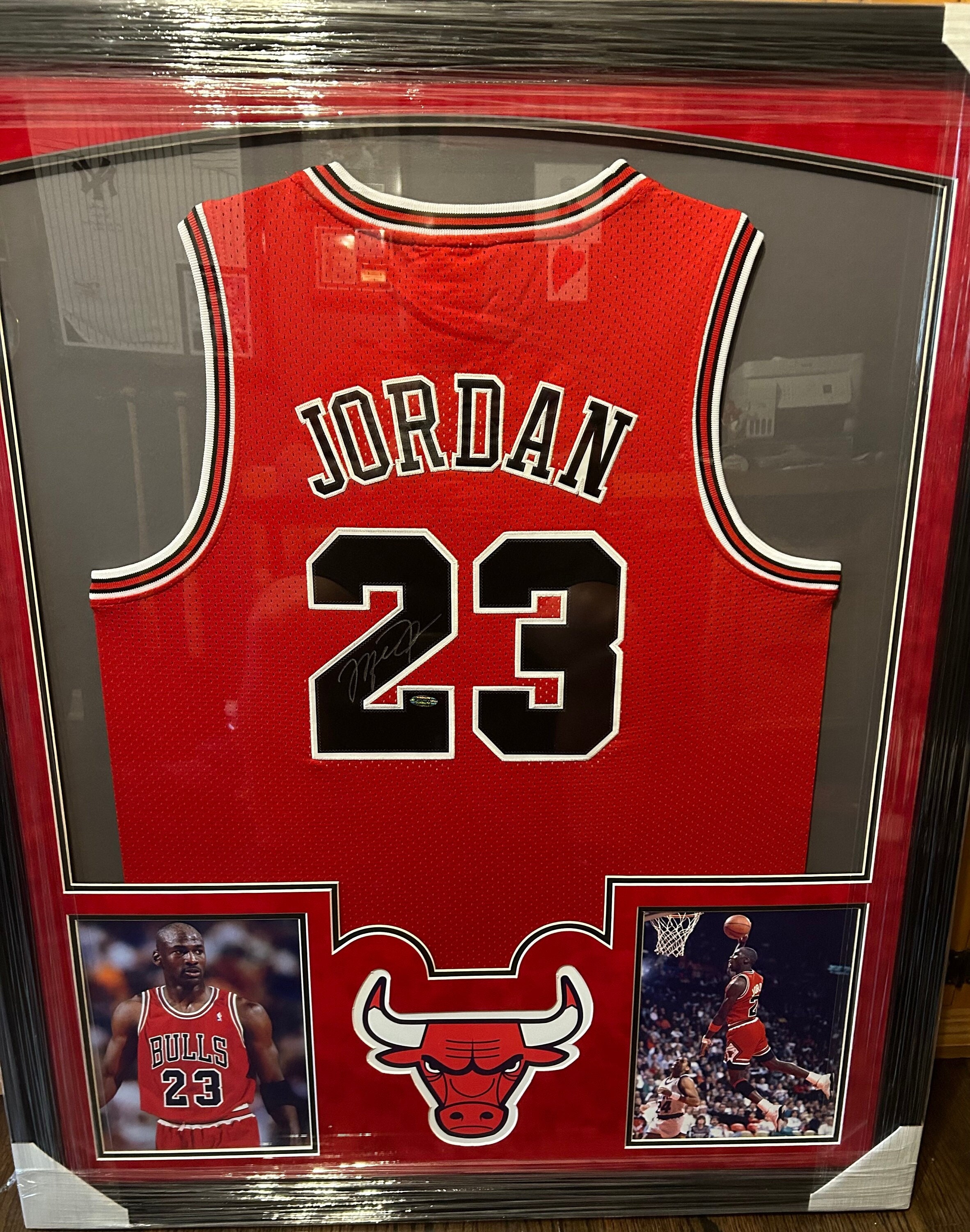 Michael Jordan 32x36 Custom Framed Bulls Jersey Display with Vintage USA  Basketball Olympic Pin