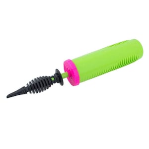 May include: A green and pink hand pump for inflating balloons. The pump has a black, spring-loaded handle.