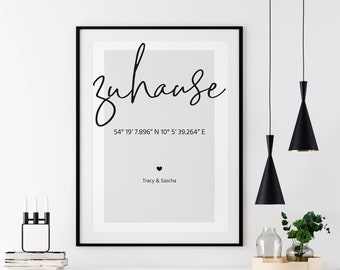 Home poster with coordinates and names, poster as a housewarming gift, topping-out ceremony gift, living room decoration, picture for the entrance area