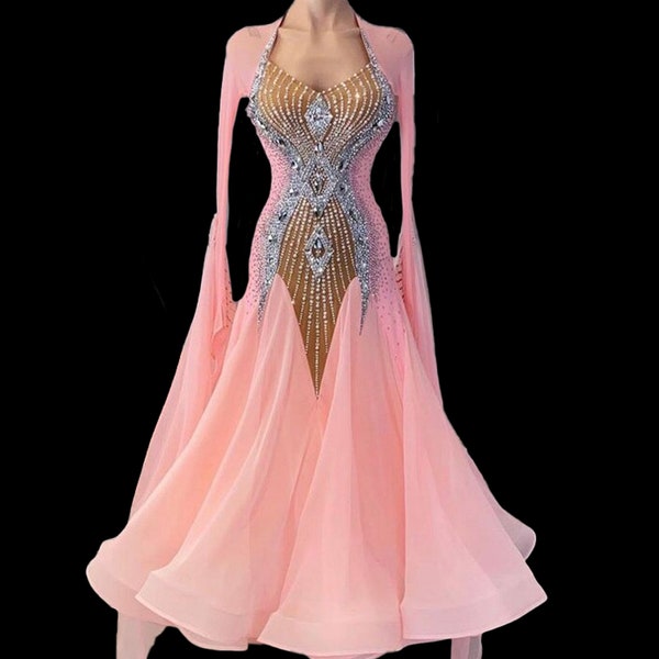 Fully stone peach pink ballroom dance dress/ Pre order product