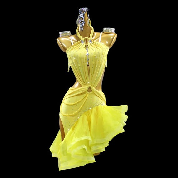 Sassy yellow halter neckline ruffled skirt Latin dance dress Sassy yellow halter neckline ruffled skirt Latin dance dress