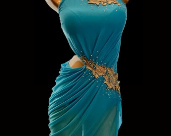 Turquoise asymmetrical hollow out latin dance costume/ Pre order product