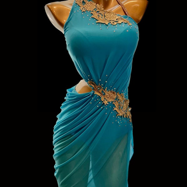 Turquoise asymmetrical hollow out latin dance costume/ Pre order product