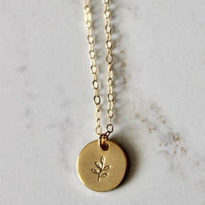 14k Gold Plant Necklace, 24k Gold Plated Disc