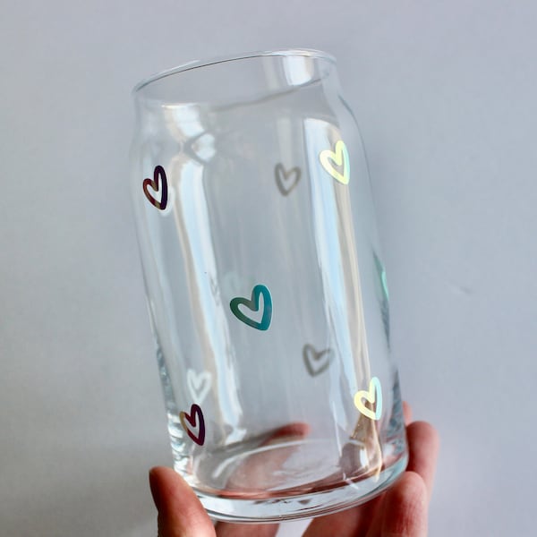 Holographic Vinyl Heart Beer Can Glass, Iced Coffee Glass, Soda Can Glass