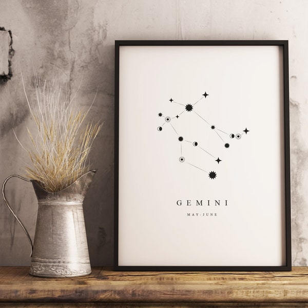 Gemini Constellation Poster, Downloadable Print, Minimalist, Vintage and Rustic Decor, Gift for Astronomy Space Fans, Black and White Print