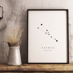 Stier Konstellation Druck, Download, Minimalistisch, Vintage und Rustikale Dekoration, Geschenk für Astronomie Weltall Fans, Schwarz Weiss Druck