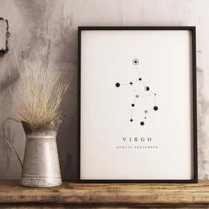 Sternbild Jungfrau Print, Download, minimalistisch, Vintage und rustikales Dekor, Geschenk für Astronomie-Weltraum-Fans, schwarz-weiß-Druck