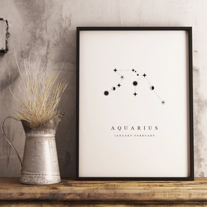 Sternbild Wassermann, Poster zum Download, minimalistisch, Vintage und Rustikales Dekor, Geschenk für Astronomie Fans, Schwarz Weiss Druck
