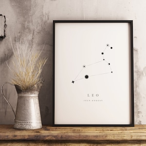 Leo Constellation Poster, herunterladbarer Druck, minimalistisches, Vintage und rustikales Dekor, Geschenk für Astronomie-Weltraum-Fans, Schwarz-Weiß-Druck