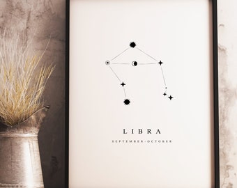 Libra Constellation Print, Downloadable Poster, Minimalist, Vintage and Rustic Decor, Gift for Astronomy Space Fans, Black and White Print