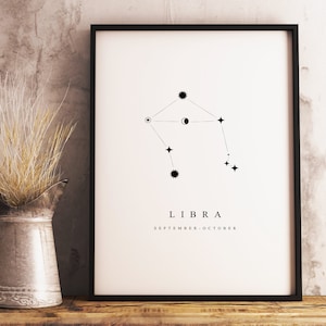 Waage Konstellation Druck, Herunterladbares Poster, Minimalistisches, Vintage und Rustikales Dekor, Geschenk für Astronomie Weltraum Fans, Schwarz Weiß Druck
