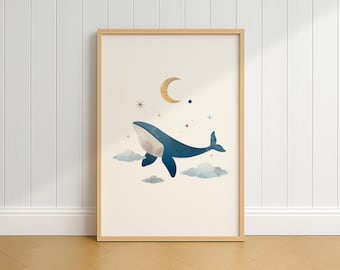 空のクジラのプリント、保育園の宇宙アートのデジタルダウンロード