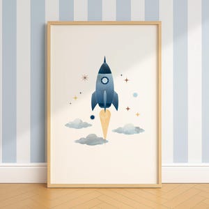 Cohete, impresión espacial para guardería, póster descargable, impresión de planeta en acuarela, arte de pared con temática espacial para decoración de dormitorio infantil