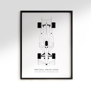 Puede incluir: Impresión enmarcada en negro que muestra una vista superior de un coche de carreras Red Bull RB16B (2020) de Fórmula 1. El coche está dibujado con líneas negras sobre un fondo blanco. El texto "RED BULL RB16B (2020)" está en la parte inferior.