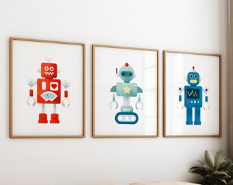 Robot nursery wall art, Set of 3 nursery print, DIGITAL DOWNLOAD, Vintage toy wall art, Toy robot wall art for kids bedroom, Colorful print