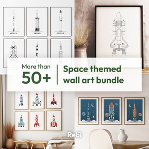 May include: A collection of space-themed wall art prints featuring rockets, space shuttles, and planets. The prints are in various styles and colors, including black and white, red, blue, and yellow. The text "More than 50+ Space themed wall art bundle" is displayed on the image.