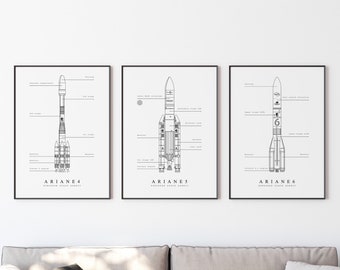 European space agency poster, set of 3 wall art, DIGITAL DOWNLOAD, rocket blueprint, space print vintage, space wall art, rocket poster